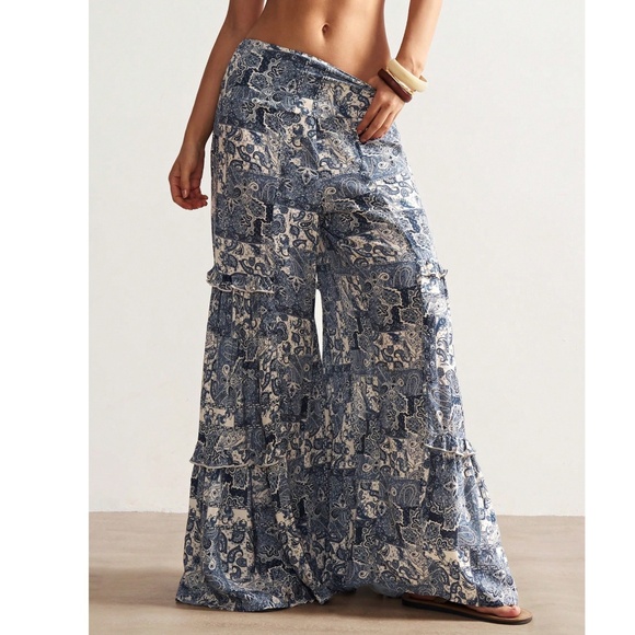 Boho Paisley Print Stretchy Waist Wide leg Pants - Picture 3 of 5